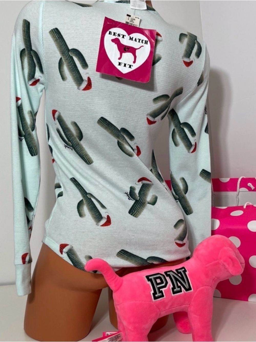 PINK Victoria's Secret Mint Cactus & Santa Hat Print Long-Sleeve Top Worn Once.